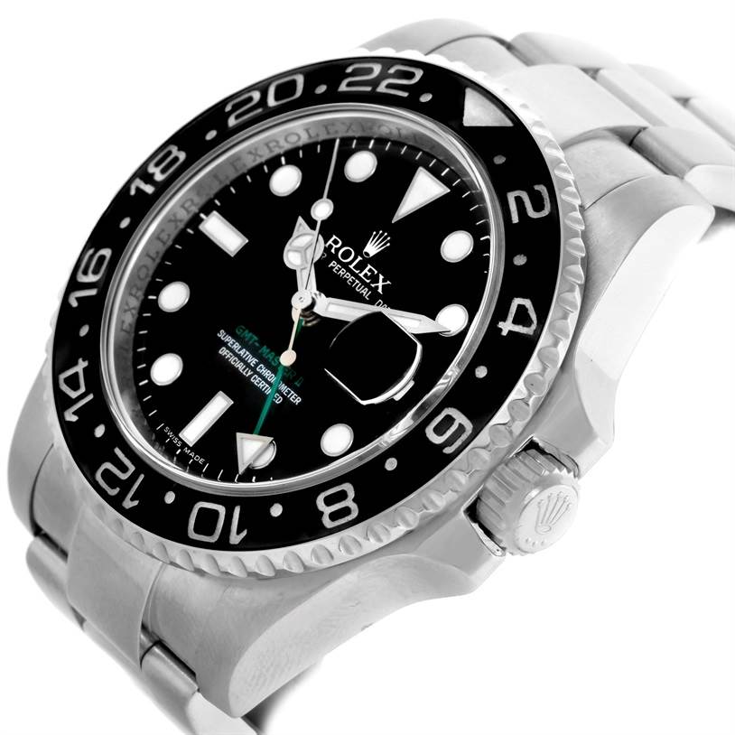 The Rolex GMT-Master 116710 Men's Stainless Steel Black Dial 116710 Men's Stainless Steel Black Dial watch is shown at a slight angle, highlighting its face, bezel, crown, and part of the bracelet.