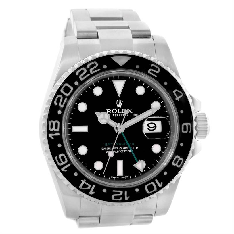 This is a head-on view of a Rolex GMT-Master 116710 Men's Stainless Steel Black Dial 116710 Men's Stainless Steel Black Dial II watch, showing its face, bezel, and part of the stainless steel bracelet.