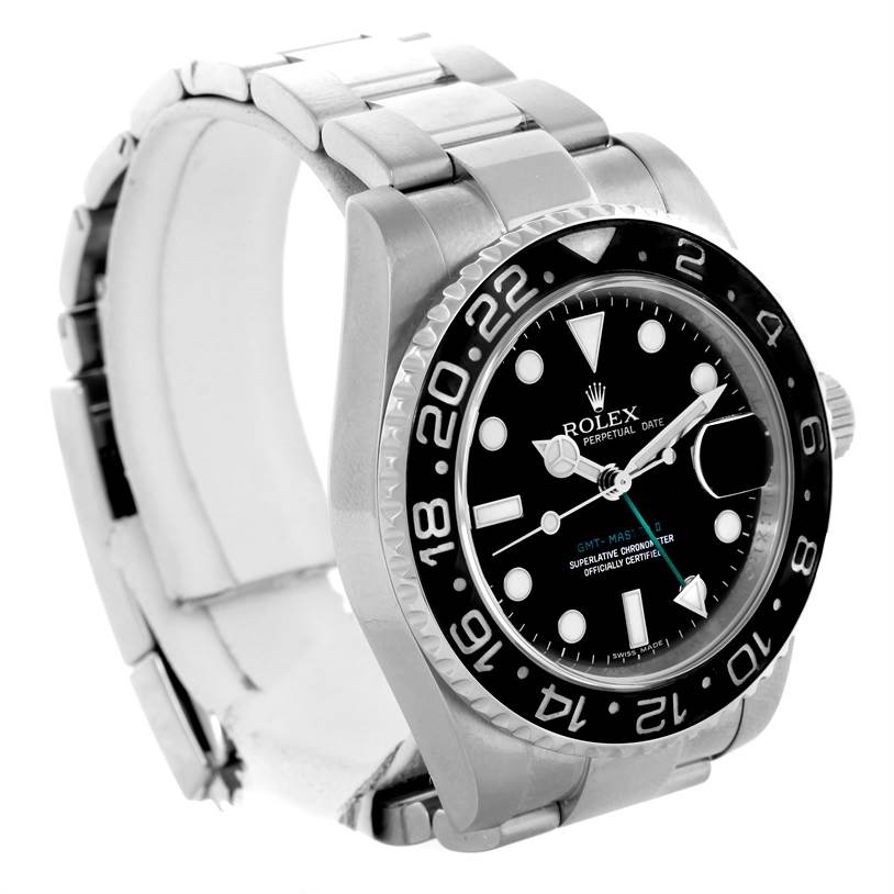 The Rolex GMT-Master 116710 Men's Stainless Steel Black Dial 116710 Men's Stainless Steel Black Dial watch is shown at a three-quarter angle, highlighting the bezel, dial, and stainless steel bracelet.