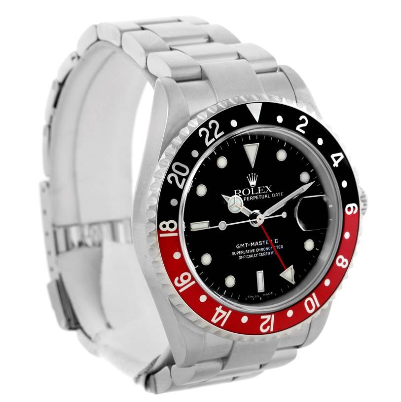 This image shows a front angle view of a Rolex GMT-Master 16710 Men's Stainless Steel Black Dial 16710 Men's Stainless Steel Black Dial II watch, highlighting the dial, bezel, and part of the bracelet.