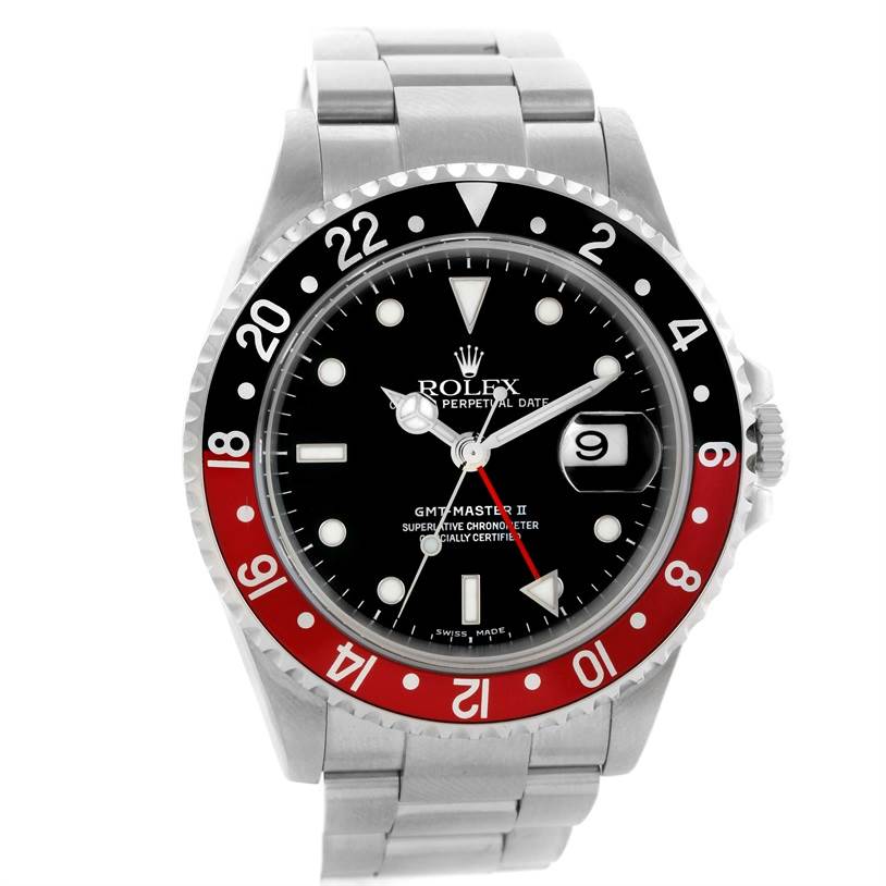 The image shows the dial and bezel of the Rolex GMT-Master 16710 Men's Stainless Steel Black Dial 16710 Men's Stainless Steel Black Dial II watch, viewed from the front.