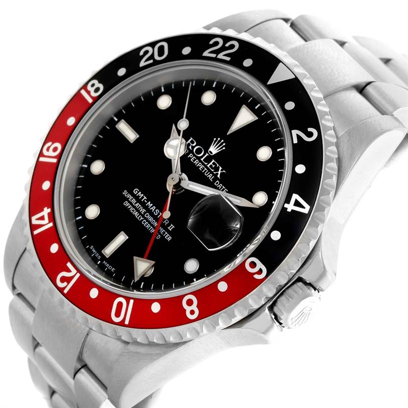 The image shows an angled view of the Rolex GMT-Master 16710 Men's Stainless Steel Black Dial 16710 Men's Stainless Steel Black Dial watch, highlighting its bezel, dial, hands, and bracelet.