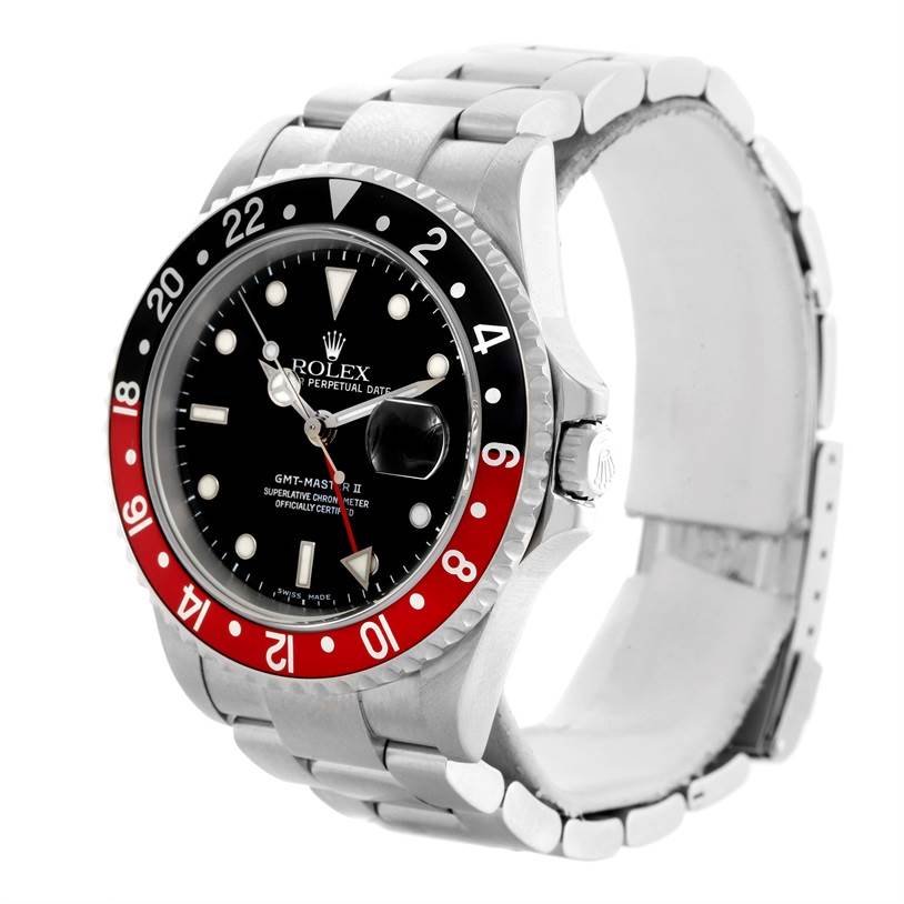 The Rolex GMT-Master 16710 Men's Stainless Steel Black Dial 16710 Men's Stainless Steel Black Dial watch is shown from a front angle, displaying its dial, bezel, and part of the bracelet.