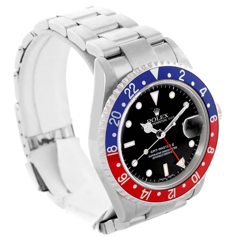 This image shows a Rolex GMT-Master 16710 Men's Stainless Steel Black Dial 16710 Men's Stainless Steel Black Dial wristwatch at a three-quarter angle, highlighting its bezel, face, and bracelet.