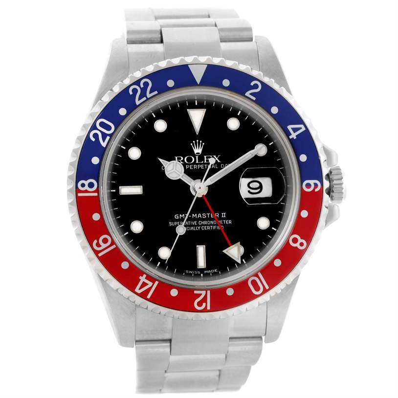 The image shows a front view of a Rolex GMT-Master 16710 Men's Stainless Steel Black Dial 16710 Men's Stainless Steel Black Dial II watch featuring a red and blue bezel and a stainless steel bracelet.