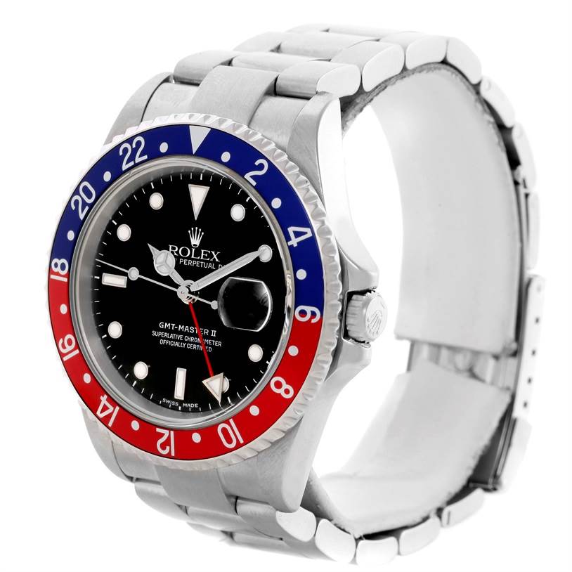 The Rolex GMT-Master 16710 Men's Stainless Steel Black Dial 16710 Men's Stainless Steel Black Dial II watch is shown at an angle highlighting the bezel, dial, and bracelet.