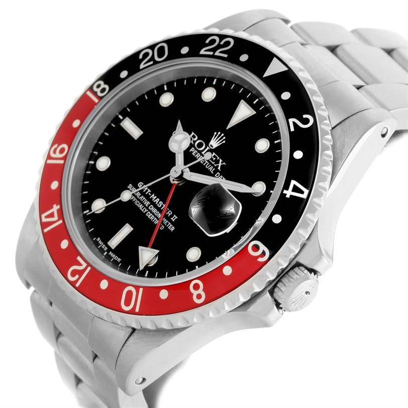 This image shows a Rolex GMT-Master 16710 Men's Stainless Steel Black Dial 16710 Men's Stainless Steel Black Dial watch at an angle displaying the face, bezel, crown, and part of the band.