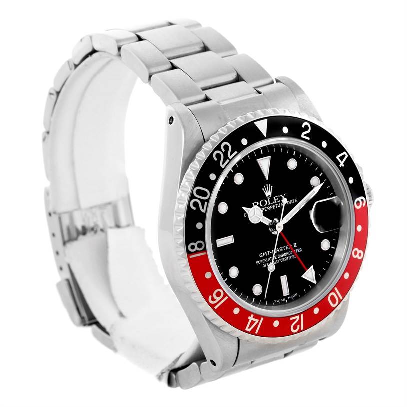 The image shows a Rolex GMT-Master 16710 Men's Stainless Steel Black Dial 16710 Men's Stainless Steel Black Dial II watch at a slight side angle, highlighting the bezel, dial, case, and bracelet.