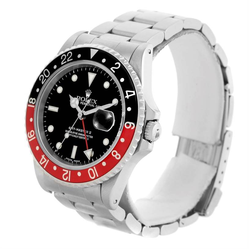 The image shows a Rolex GMT-Master 16710 Men's Stainless Steel Black Dial 16710 Men's Stainless Steel Black Dial II watch at an angle displaying its face, bezel, crown, and bracelet.