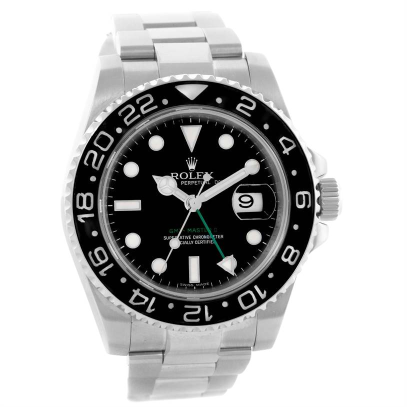 The image shows a front view of the Rolex GMT-Master 116710 Men
s Stainless Steel Black Dial 116710 Men
s Stainless Steel Black Dial watch, displaying its bezel, dial, hands, and part of the bracelet.