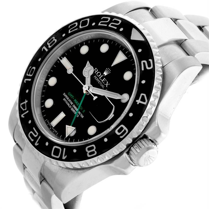 The image shows a Rolex GMT-Master 116710 Men
s Stainless Steel Black Dial 116710 Men
s Stainless Steel Black Dial watch from a slightly angled side view, highlighting the bezel, face, and part of the bracelet.