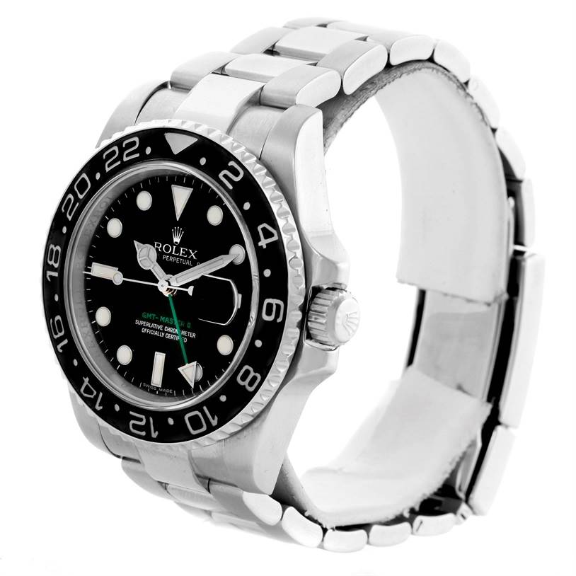 The photo shows a three-quarter view of the Rolex GMT-Master 116710 Men
s Stainless Steel Black Dial 116710 Men
s Stainless Steel Black Dial watch, highlighting the dial, bezel, crown, and bracelet.
