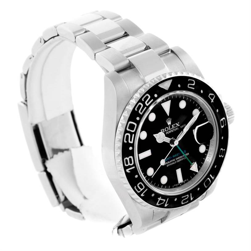 This image shows a Rolex GMT-Master 116710 Men
s Stainless Steel Black Dial 116710 Men
s Stainless Steel Black Dial watch at a 3/4 angle, highlighting its bezel, dial, and bracelet.