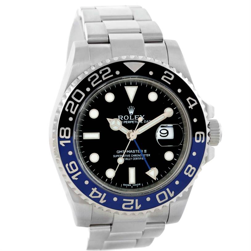 The image shows a front angle view of the Rolex GMT-Master 116710 Men's Stainless Steel Black Dial 116710 Men's Stainless Steel Black Dial II watch, highlighting its dial, bezel, and bracelet.