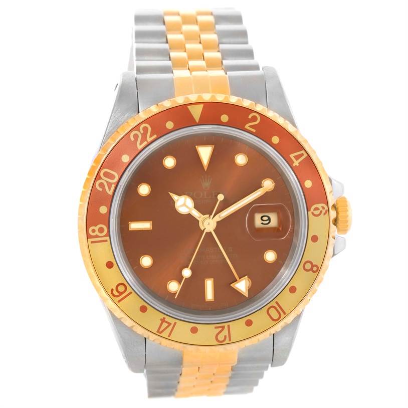 The image shows a front angle of a Rolex GMT-Master 16713 Men's Stainless Steel Brown Dial 16713 Men's Stainless Steel Brown Dial watch, highlighting the bezel, dial, hands, bracelet, and date window.