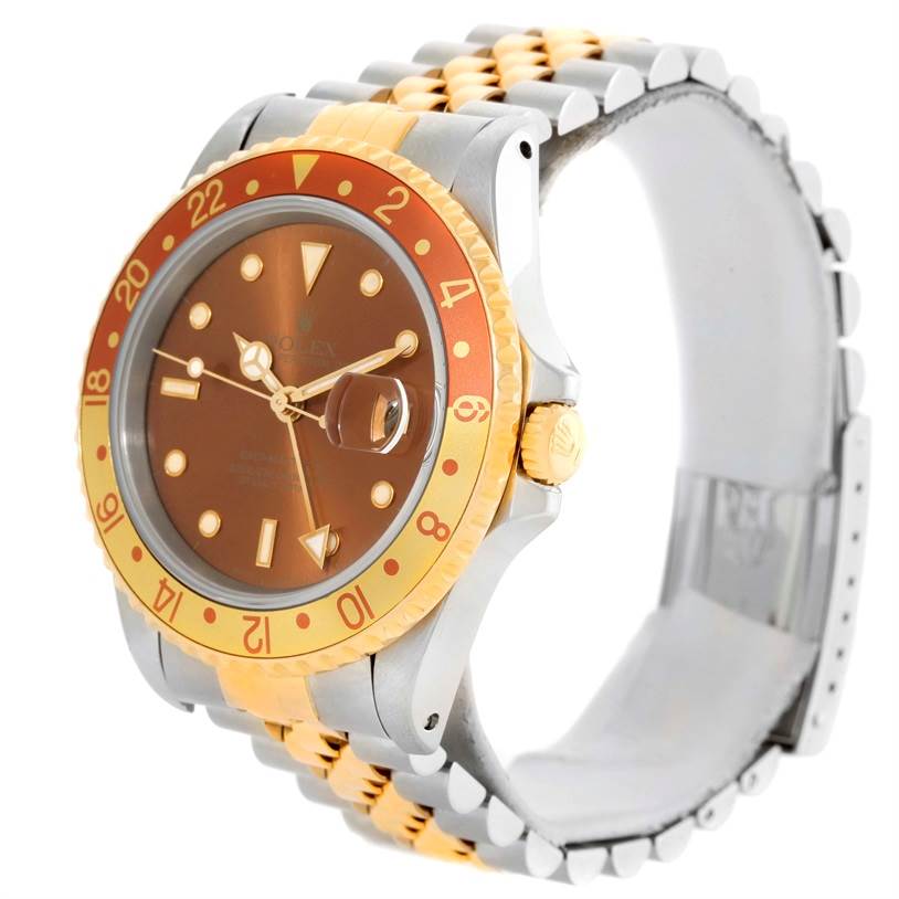 This Rolex GMT-Master 16713 Men's Stainless Steel Brown Dial 16713 Men's Stainless Steel Brown Dial watch is shown at a front-angle view, highlighting its brown dial, two-tone bezel, and jubilee bracelet.