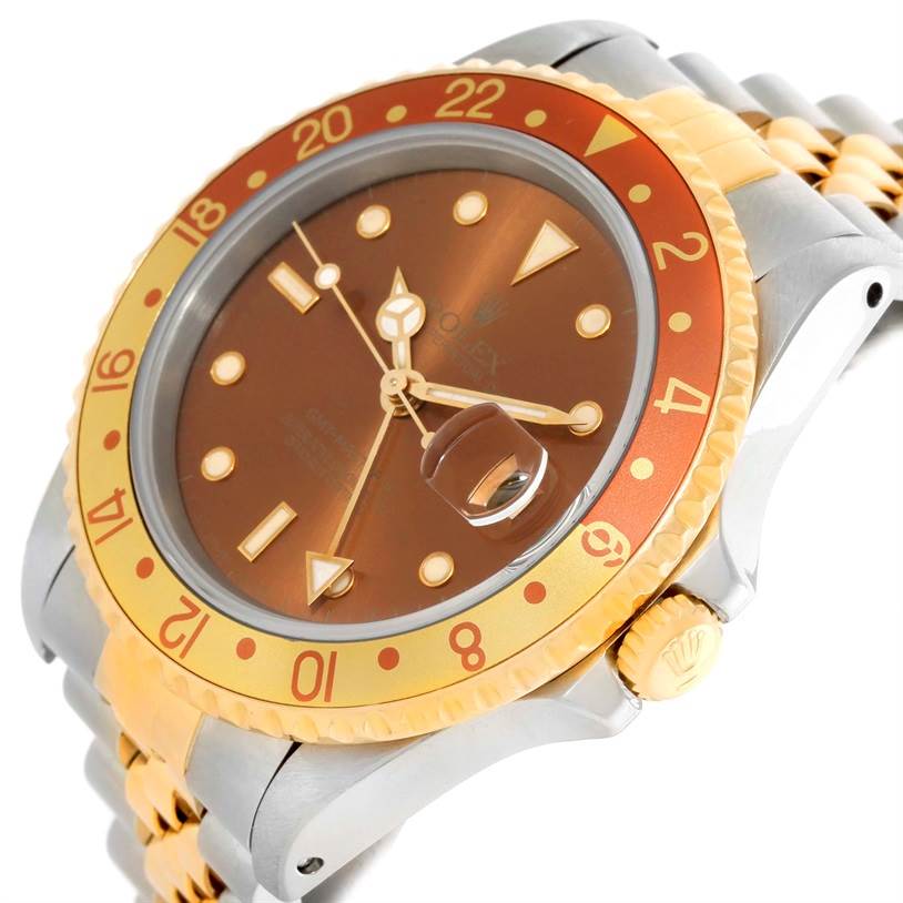 This image shows a close-up, angled view of the Rolex GMT-Master 16713 Men's Stainless Steel Brown Dial 16713 Men's Stainless Steel Brown Dial watch, highlighting the bezel, dial, crown, and part of the bracelet.