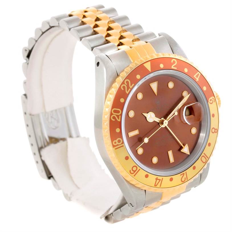 The image shows a side angle view of a Rolex GMT-Master 16713 Men's Stainless Steel Brown Dial 16713 Men's Stainless Steel Brown Dial watch, highlighting the bracelet, bezel, and dial.