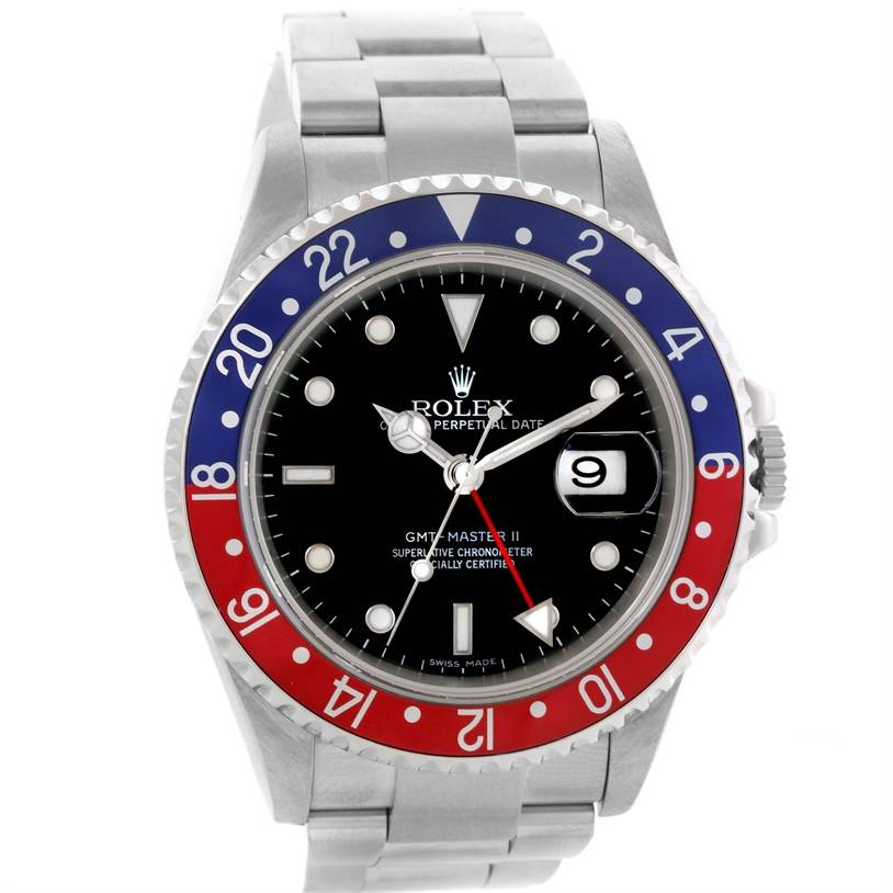The Rolex GMT-Master 16710 Men's Stainless Steel Black Dial 16710 Men's Stainless Steel Black Dial II watch is shown from an angled front view, featuring its dial, bezel, and bracelet.