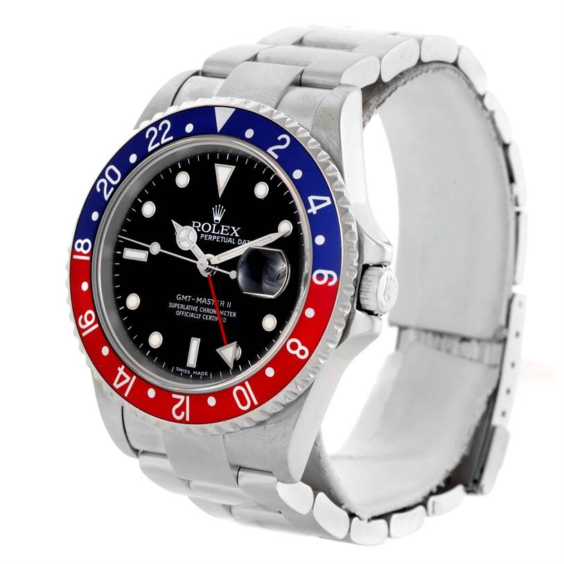The image shows a Rolex GMT-Master 16710 Men's Stainless Steel Black Dial 16710 Men's Stainless Steel Black Dial II watch from an angled front view, highlighting the bezel, dial, and bracelet.