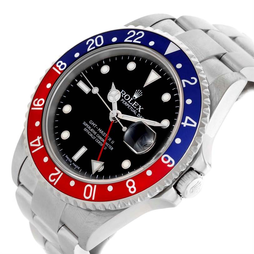This image shows a Rolex GMT-Master 16710 Men's Stainless Steel Black Dial 16710 Men's Stainless Steel Black Dial II watch with a black dial, a red and blue bezel, and a stainless steel bracelet, viewed from an angled perspective.