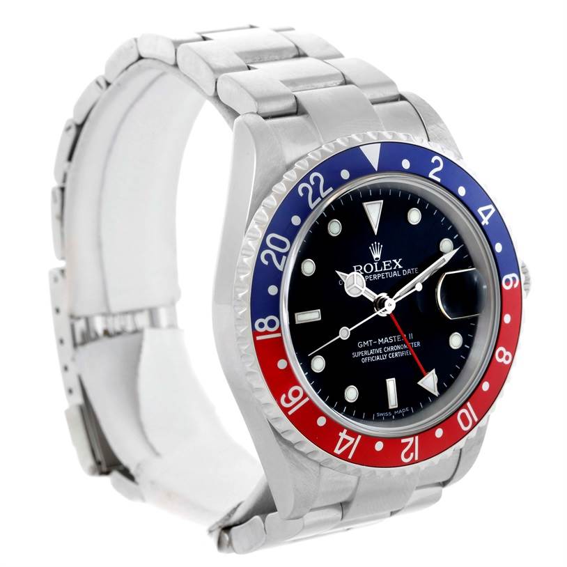 This image shows a Rolex GMT-Master 16710 Men's Stainless Steel Black Dial 16710 Men's Stainless Steel Black Dial watch from a front-left angle, highlighting the bezel, dial, and bracelet.
