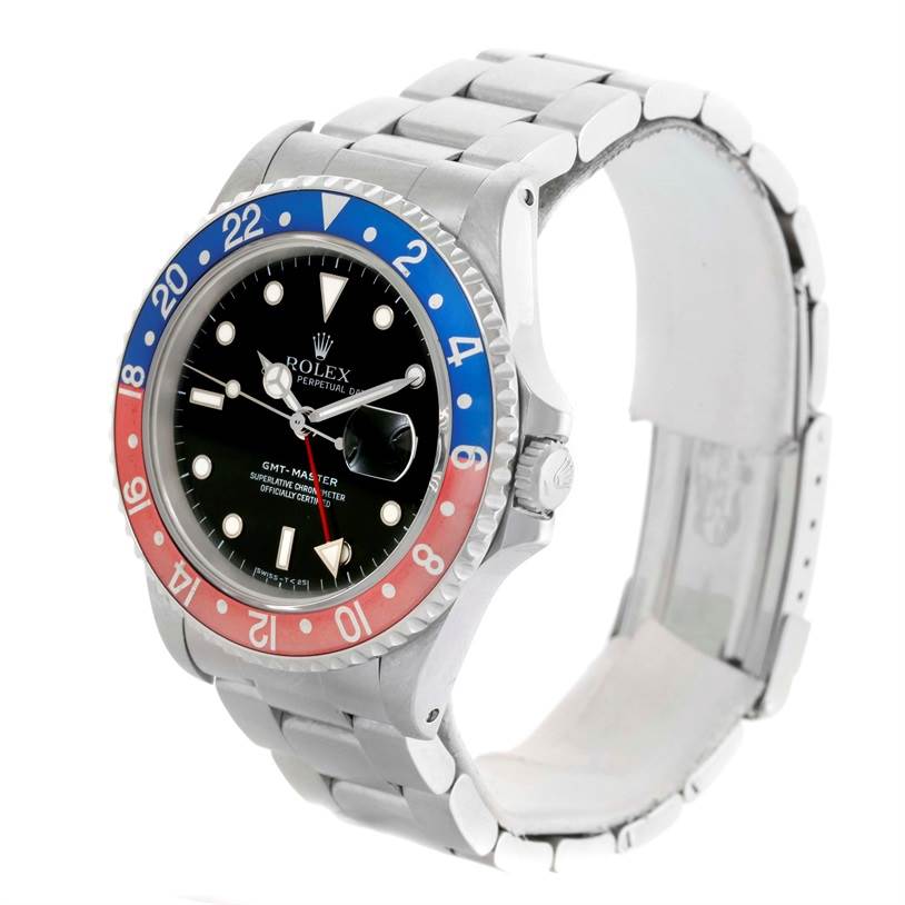 The Rolex GMT-Master 16700 Men's Stainless Steel Black Dial 16700 Men's Stainless Steel Black Dial watch is shown from a slight side angle, featuring the bezel, dial, and part of the bracelet.