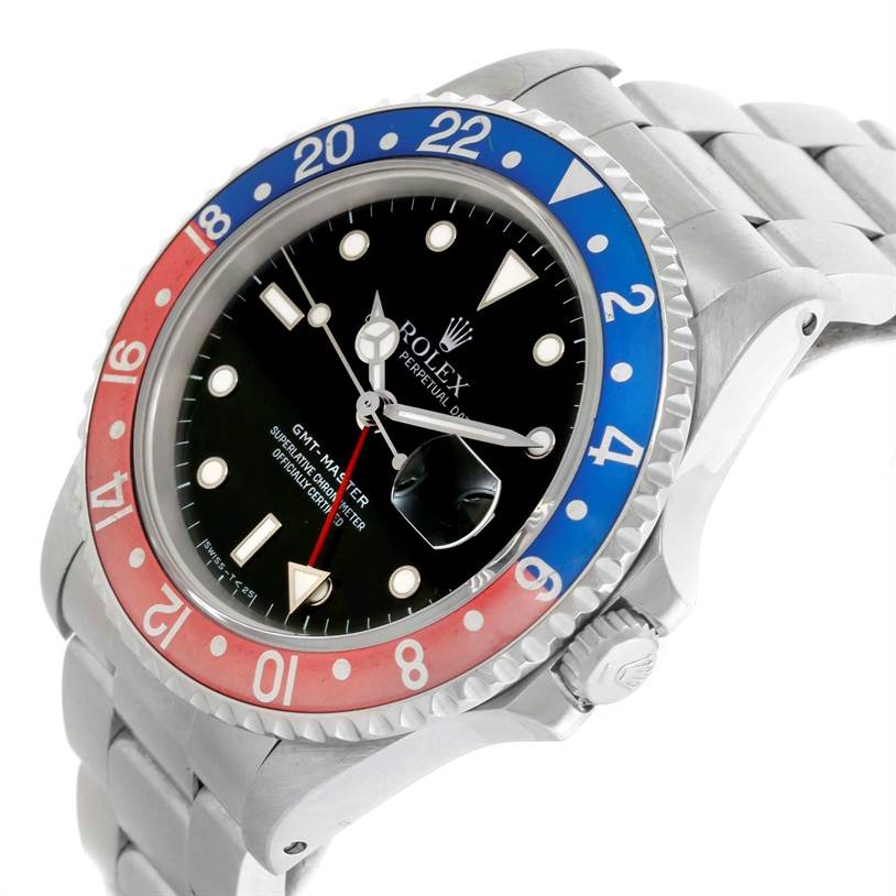 The image shows a Rolex GMT-Master 16700 Men's Stainless Steel Black Dial 16700 Men's Stainless Steel Black Dial watch at an oblique angle, highlighting the bezel, watch face, and bracelet.