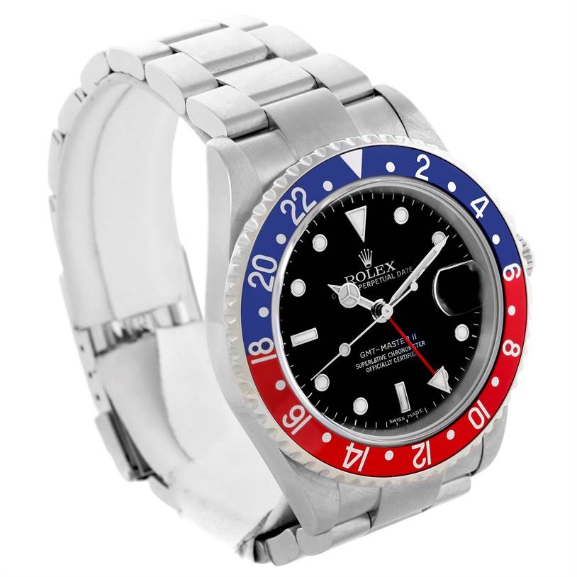The image shows the front view of the Rolex GMT-Master 16710 Men's Stainless Steel Black Dial 16710 Men's Stainless Steel Black Dial watch, highlighting its bezel, dial, and bracelet.