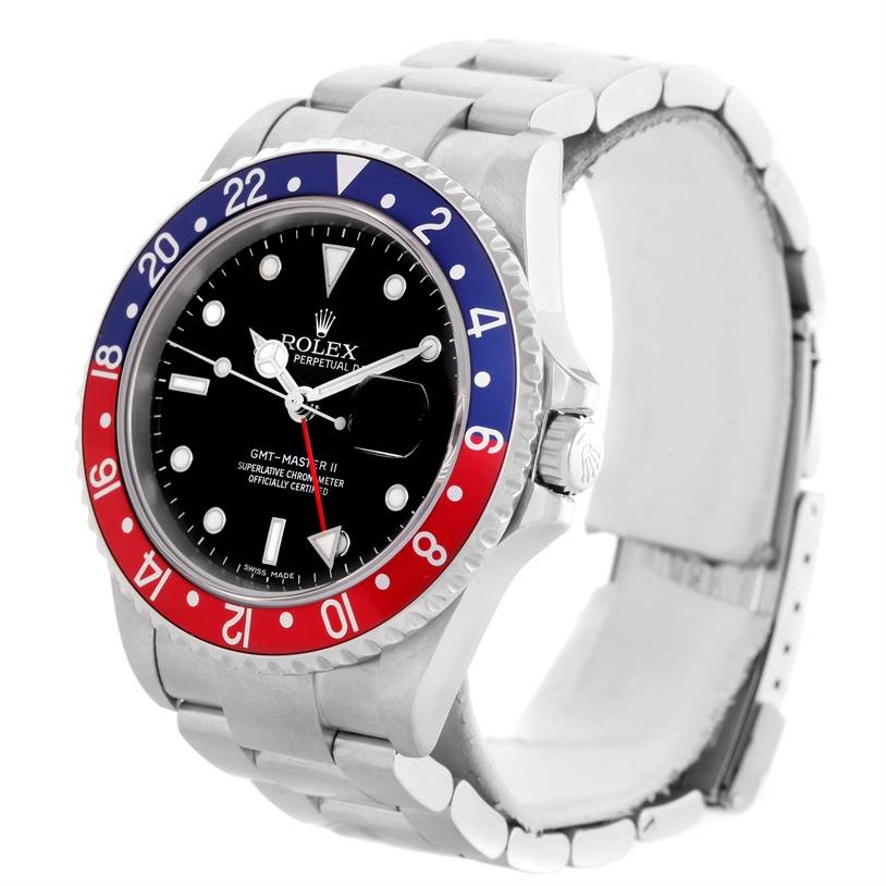 The image shows a Rolex GMT-Master 16710 Men's Stainless Steel Black Dial 16710 Men's Stainless Steel Black Dial II watch at a slight angle, highlighting its bezel, dial, and part of the band.
