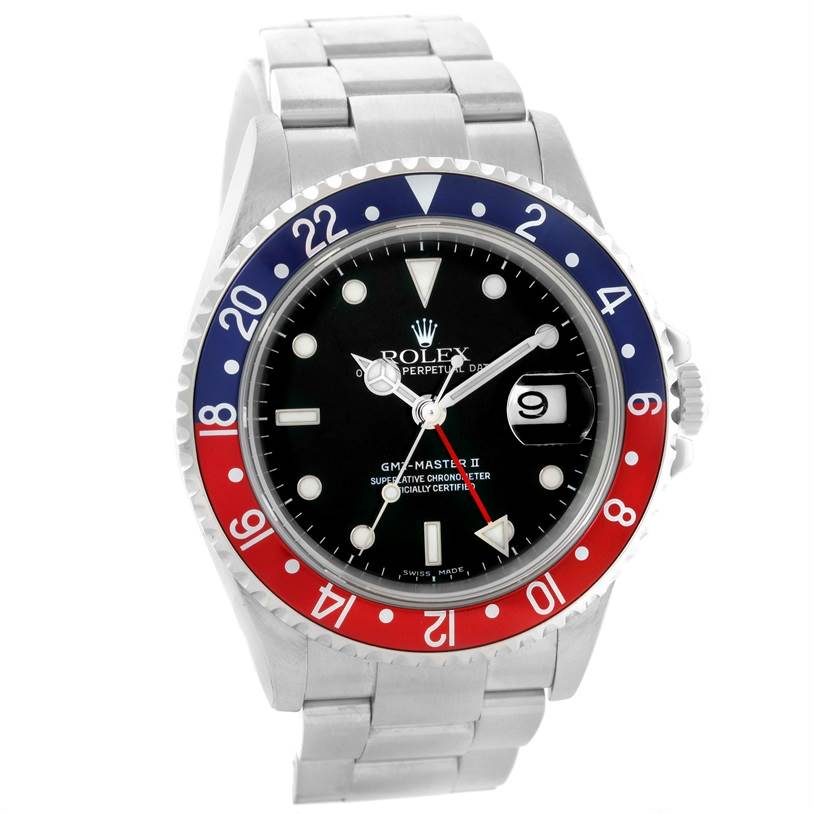 This image shows a frontal view of a Rolex GMT-Master 16710 Men's Stainless Steel Black Dial 16710 Men's Stainless Steel Black Dial II watch, displaying the bezel, dial, hands, and bracelet.