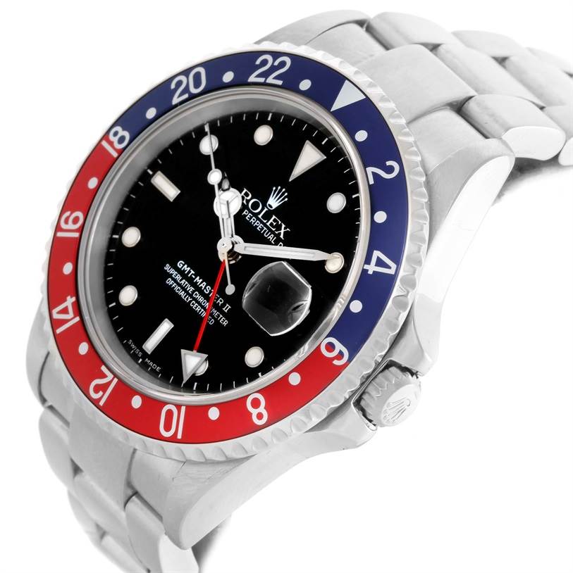 The image shows a close-up angled view of the Rolex GMT-Master 16710 Men's Stainless Steel Black Dial 16710 Men's Stainless Steel Black Dial II watch, highlighting the bezel and dial.