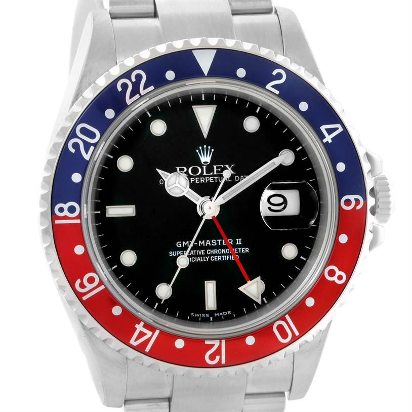 This angle shows the front view of the Rolex GMT-Master 16710 Men's Stainless Steel Black Dial 16710 Men's Stainless Steel Black Dial II watch, highlighting the dial, bezel, and part of the bracelet.