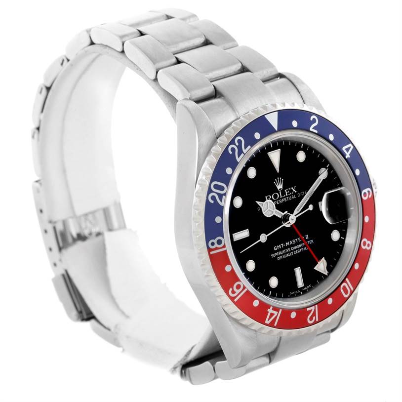 The image shows a side angle of the Rolex GMT-Master 16710 Men's Stainless Steel Black Dial 16710 Men's Stainless Steel Black Dial watch, displaying its bezel, dial, and bracelet.