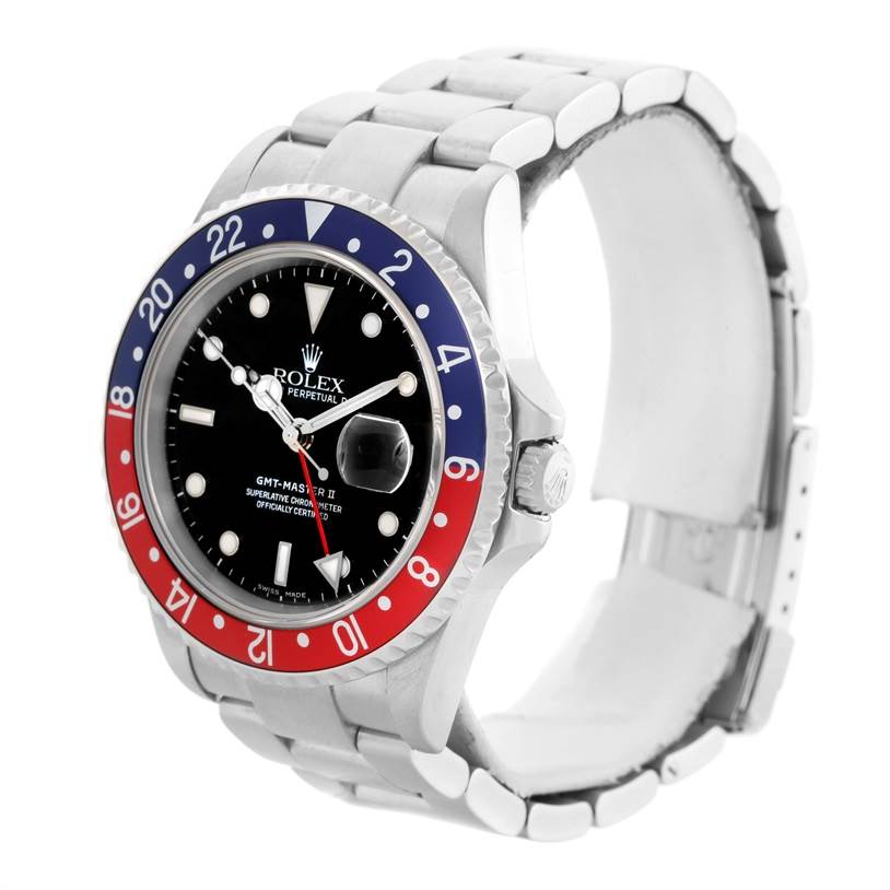 The image shows a side-angle view of the Rolex GMT-Master 16710 Men's Stainless Steel Black Dial 16710 Men's Stainless Steel Black Dial model watch, highlighting its bezel, dial, and bracelet.