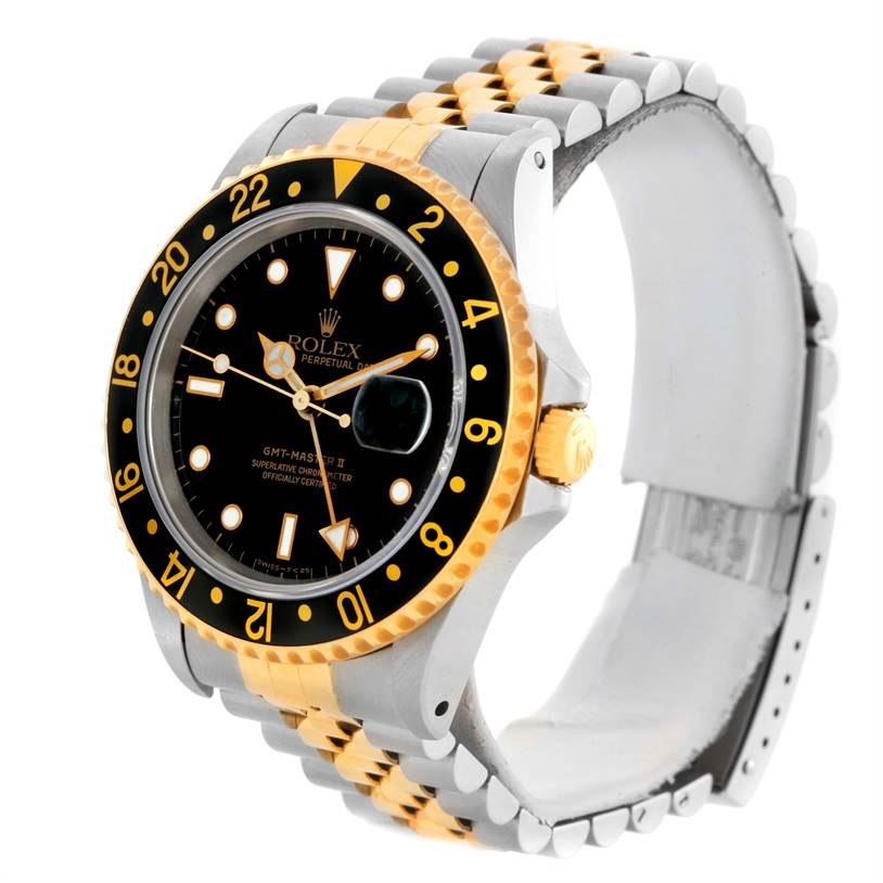 The Rolex GMT-Master 16713 Men
s Stainless Steel Black Dial 16713 Men
s Stainless Steel Black Dial watch is shown at a front-side angle, displaying the face, bezel, and part of the bracelet.