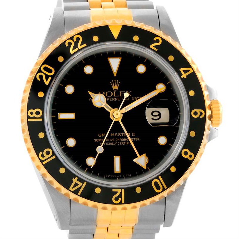 The image shows a front angle of a Rolex GMT-Master II watch, displaying the face, bezel, crown, and part of the bracelet.