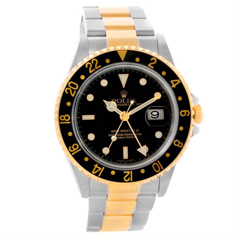 This image shows the front view of a Rolex GMT-Master 16713 Men's Stainless Steel Black Dial 16713 Men's Stainless Steel Black Dial II watch, highlighting the bezel, dial, and bracelet.
