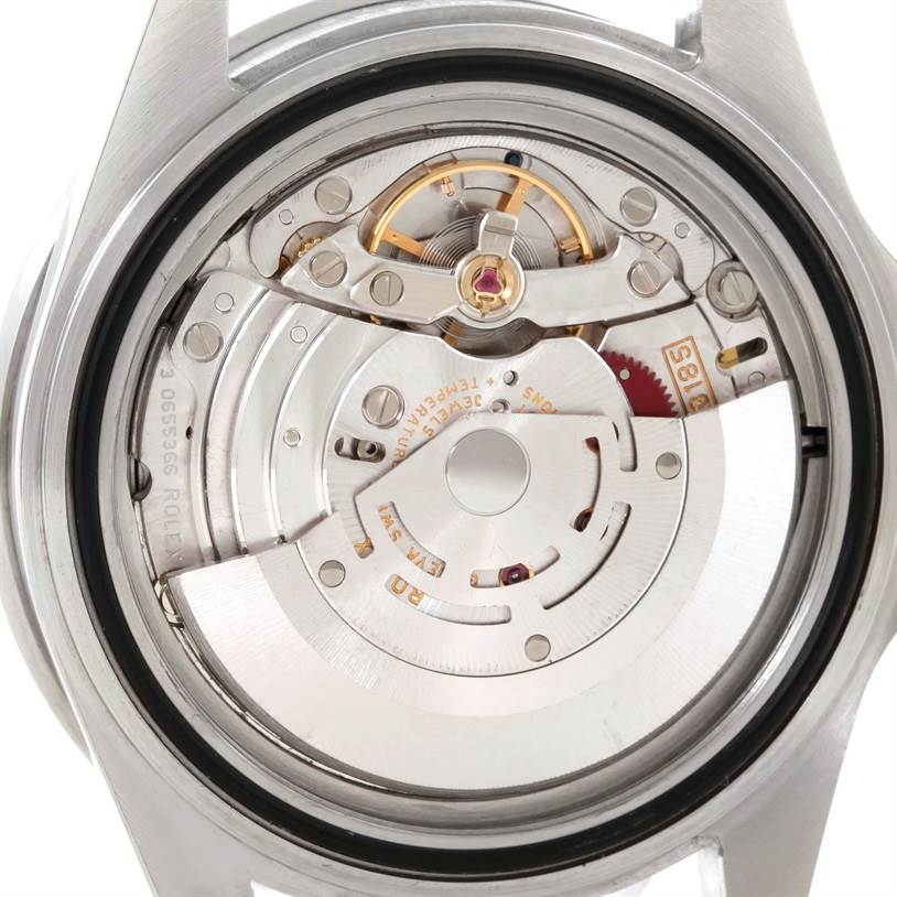 The image shows the case back view of the Rolex GMT-Master 16710 Men's Stainless Steel Black Dial 16710 Men's Stainless Steel Black Dial, revealing its internal mechanical movement components.