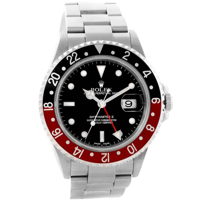 The image shows a Rolex GMT-Master 16710 Men's Stainless Steel Black Dial 16710 Men's Stainless Steel Black Dial II watch from a front angle, highlighting its bezel, dial, and bracelet.
