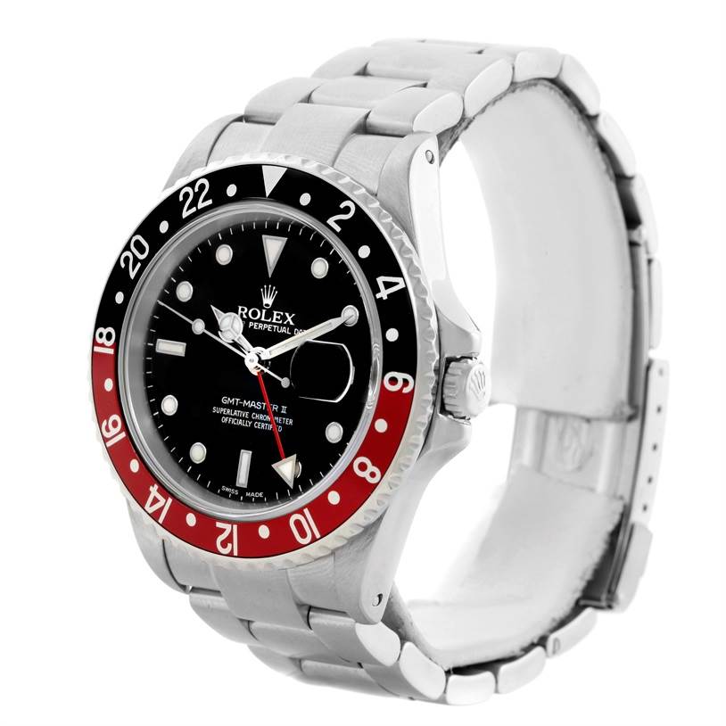 The Rolex GMT-Master 16710 Men's Stainless Steel Black Dial 16710 Men's Stainless Steel Black Dial watch is shown from an angle displaying the face, bezel, and bracelet.