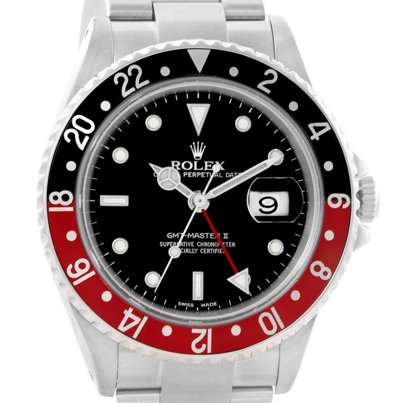 The Rolex GMT-Master 16710 Men's Stainless Steel Black Dial 16710 Men's Stainless Steel Black Dial watch is shown from a front angle, displaying its black dial, bezel, and bracelet partially.