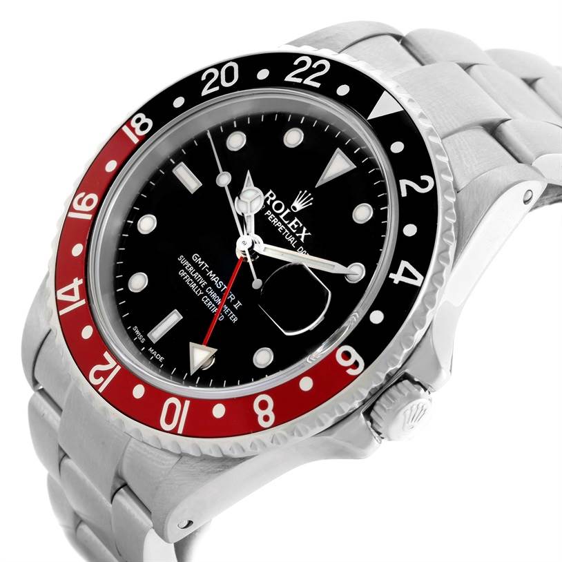 The Rolex GMT-Master 16710 Men's Stainless Steel Black Dial 16710 Men's Stainless Steel Black Dial watch is shown from a slightly tilted angle, displaying its bezel, dial, and part of the bracelet.