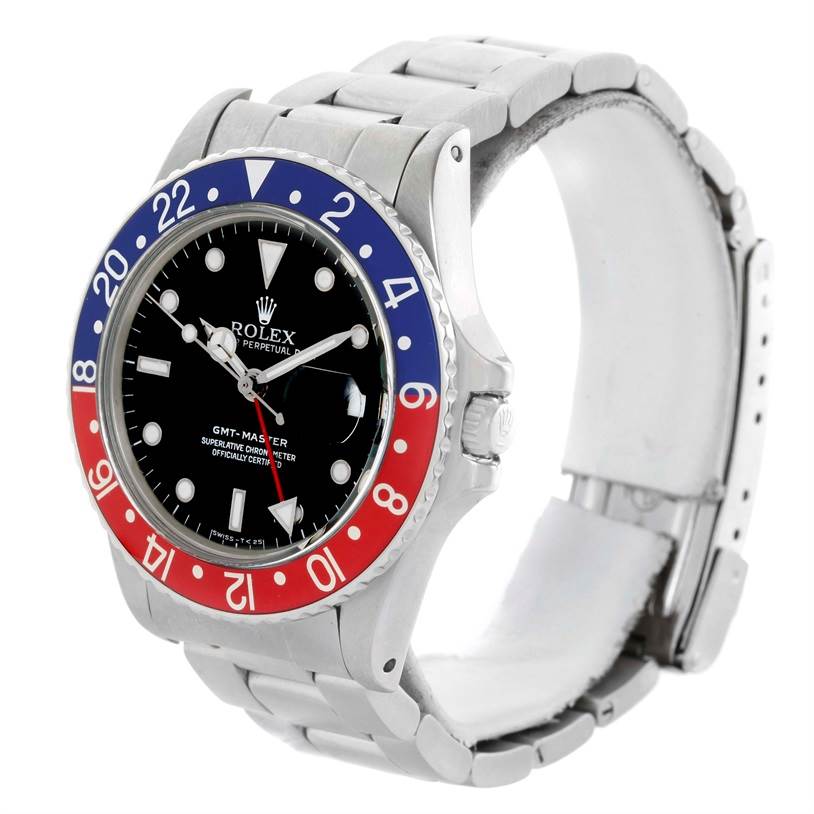 The image shows a Rolex GMT-Master 16750 Men's Stainless Steel Black Dial 16750 Men's Stainless Steel Black Dial watch at a three-quarter angle, highlighting the bezel, dial, case, and bracelet.
