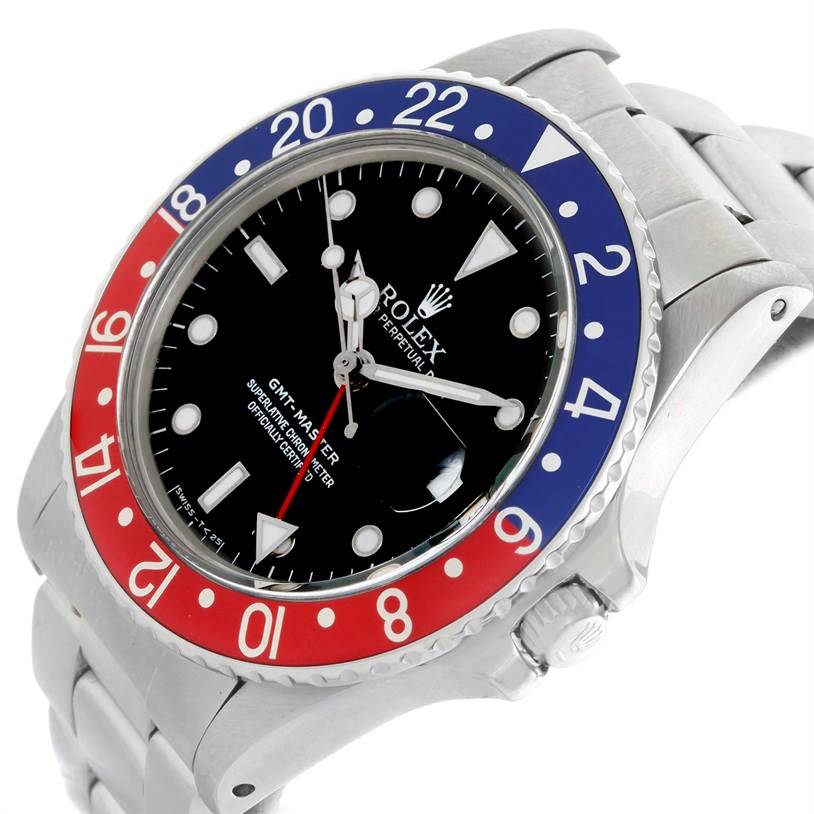 The image shows a Rolex GMT-Master 16750 Men's Stainless Steel Black Dial 16750 Men's Stainless Steel Black Dial watch at an angled top-down view displaying its bezel, dial, and bracelet.