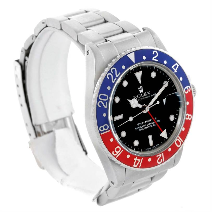 This image shows a 3/4 profile of a Rolex GMT-Master 16750 Men's Stainless Steel Black Dial 16750 Men's Stainless Steel Black Dial watch, highlighting its bezel, dial, hands, and bracelet.