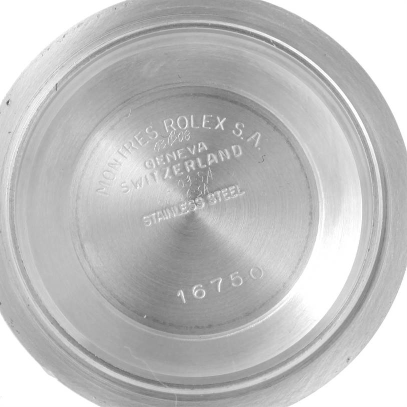 This image shows the inner case back of a Rolex GMT-Master 16750 Men's Stainless Steel Black Dial 16750 Men's Stainless Steel Black Dial model, with engravings and model number 16750.