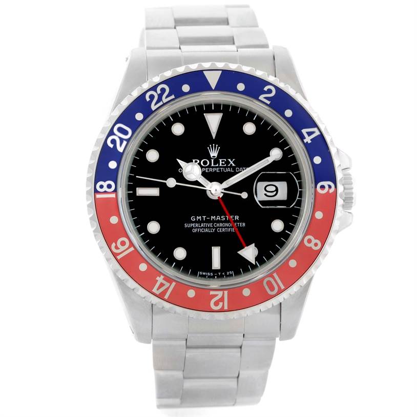 This image shows a front view of a Rolex GMT-Master 16700 Men
s Stainless Steel Black Dial 16700 Men
s Stainless Steel Black Dial watch with a 
Pepsi
 bezel and metal bracelet.