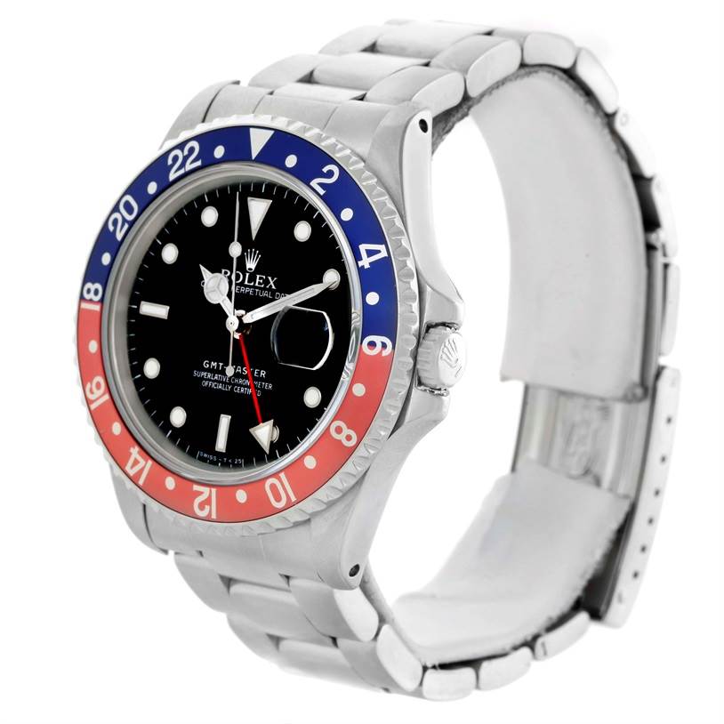 The Rolex GMT-Master 16700 Men
s Stainless Steel Black Dial 16700 Men
s Stainless Steel Black Dial watch is shown at a 3/4 angle, highlighting the dial, bezel, crown, and part of the bracelet.