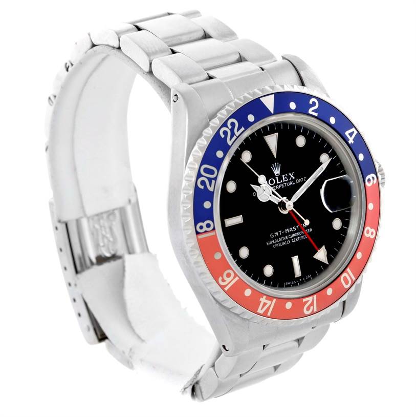 This image shows a side view of the Rolex GMT-Master 16700 Men
s Stainless Steel Black Dial 16700 Men
s Stainless Steel Black Dial watch, highlighting its bezel, dial, and metal bracelet.